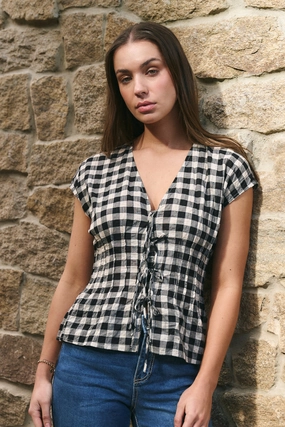 unloading Nouveau Black Gingham Tie Front Vest