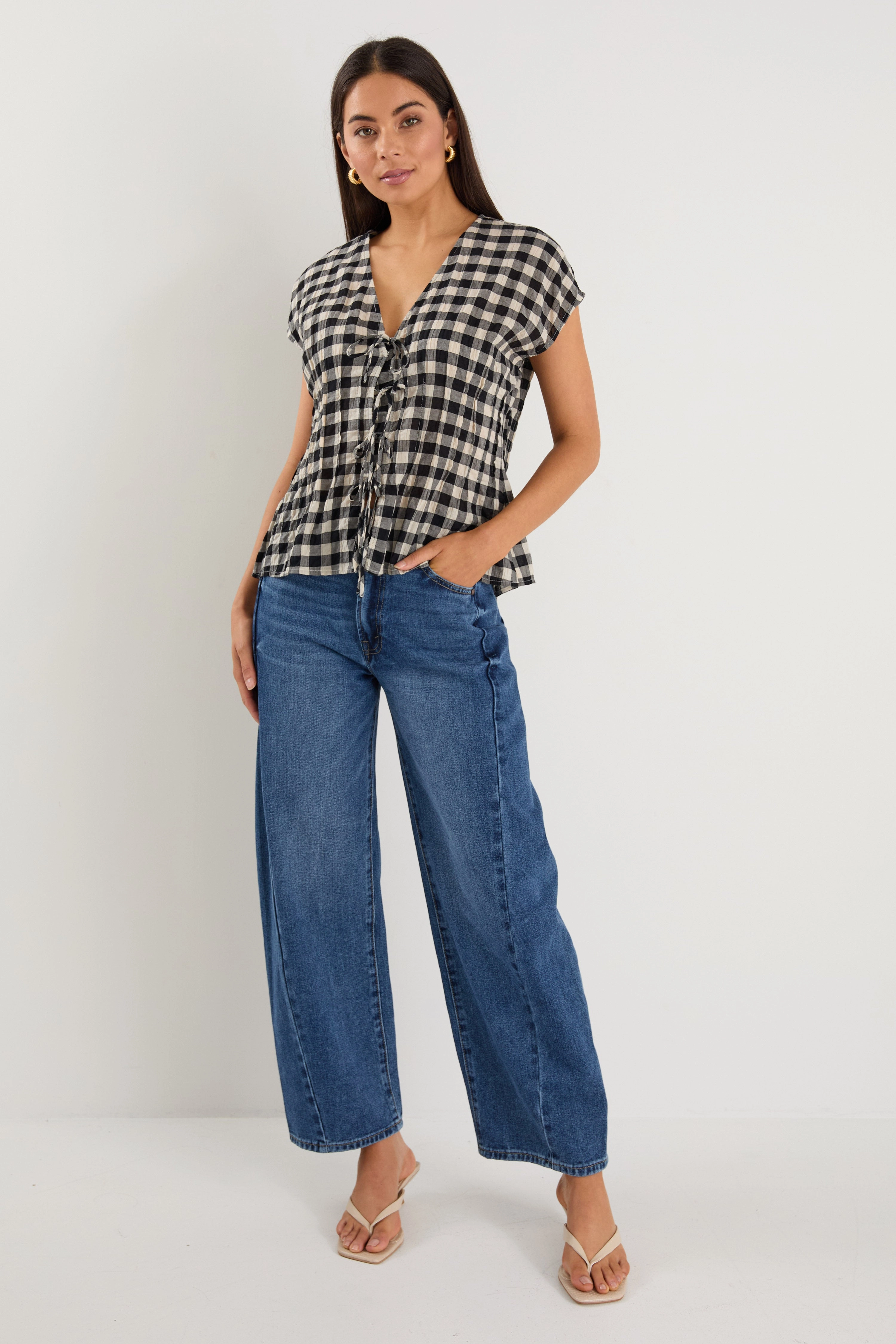 second hand Four Way Stretch Fabric Nouveau Black Gingham Tie Front Vest