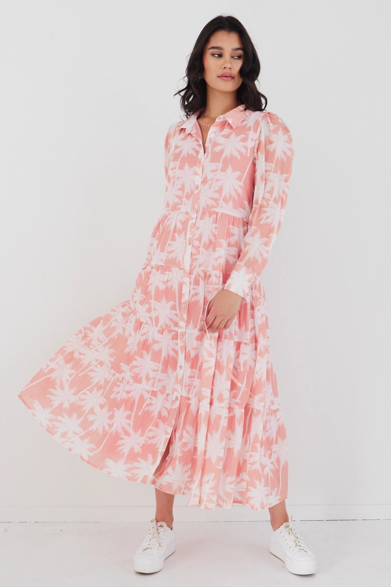 Adair Blush Palms Tiered Shirt Style Maxi Dress Grace Color