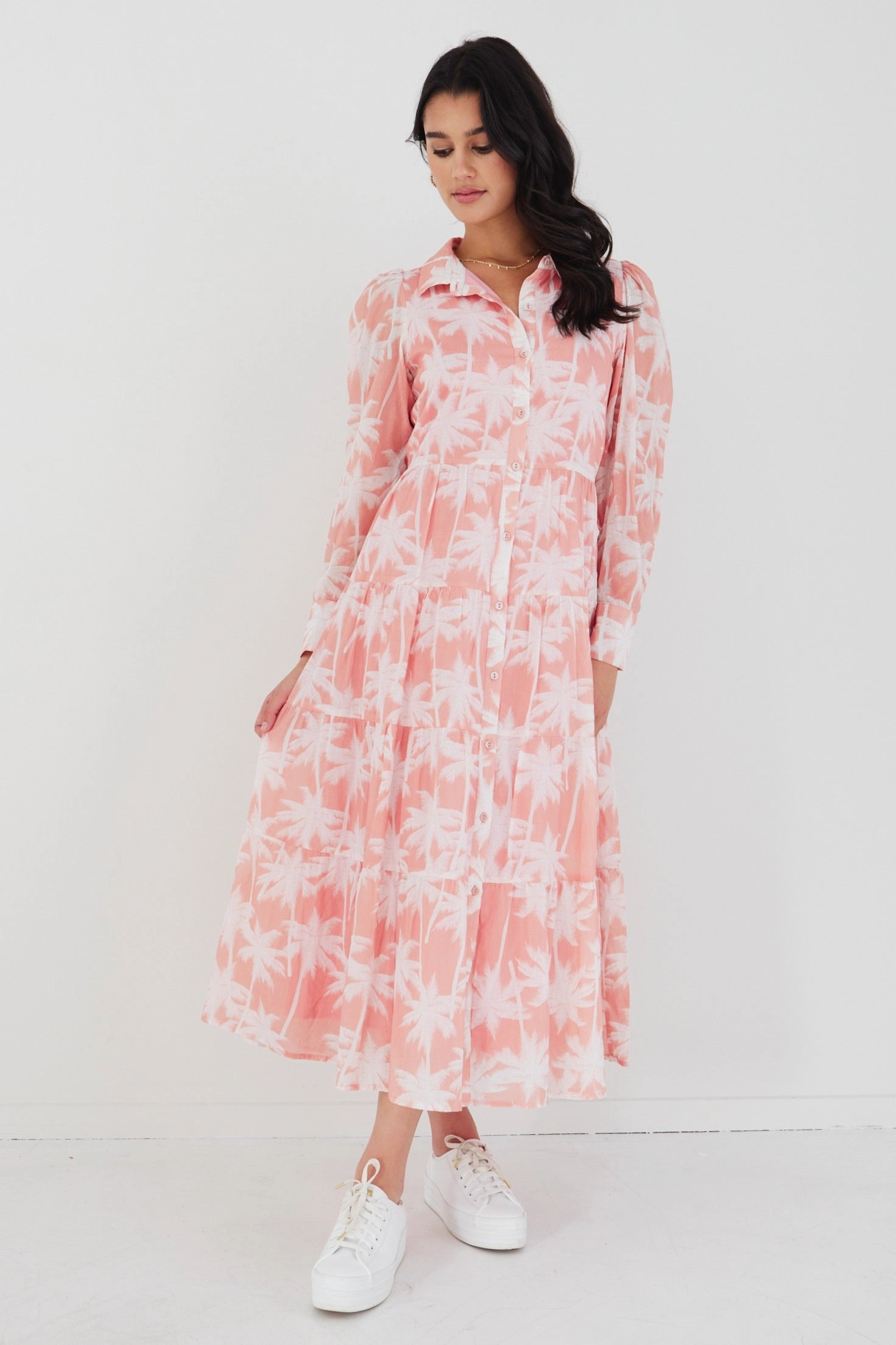 Adair Blush Palms Tiered Shirt Style Maxi Dress Calm Energy Warm Pink