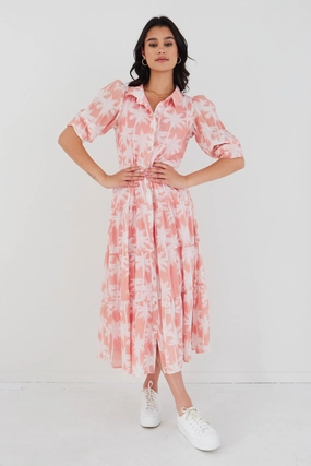 Flattering Comfort Wear Adair Blush Palms Tiered Shirt Style Maxi Dress