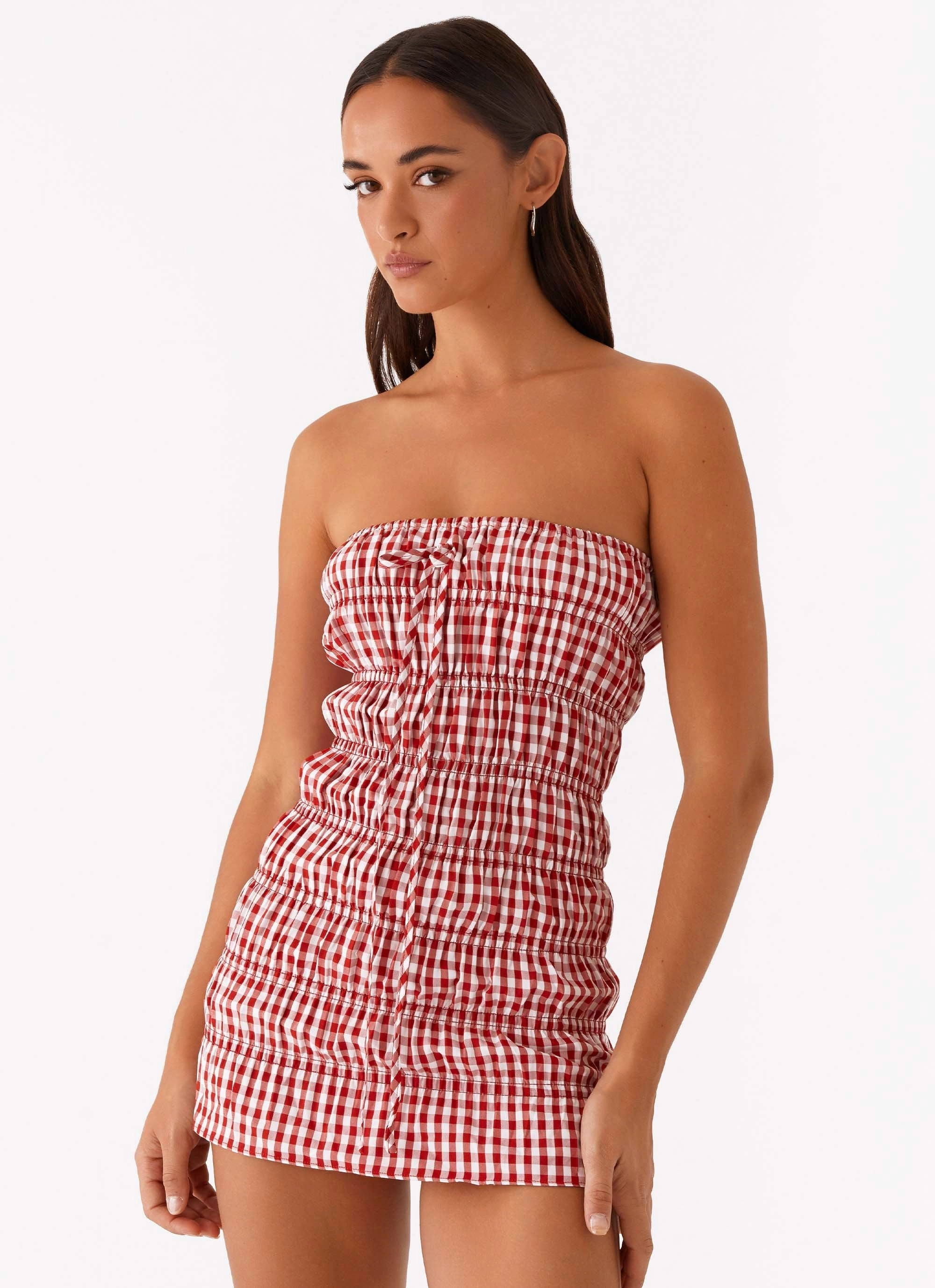 Adele Mini Dress - Red Gingham Tailored Waistband Relaxed and Effortless