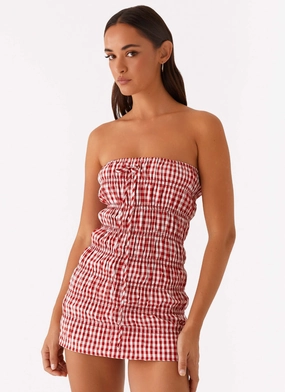 Adele Mini Dress - Red Gingham Tailored Waistband Relaxed and Effortless