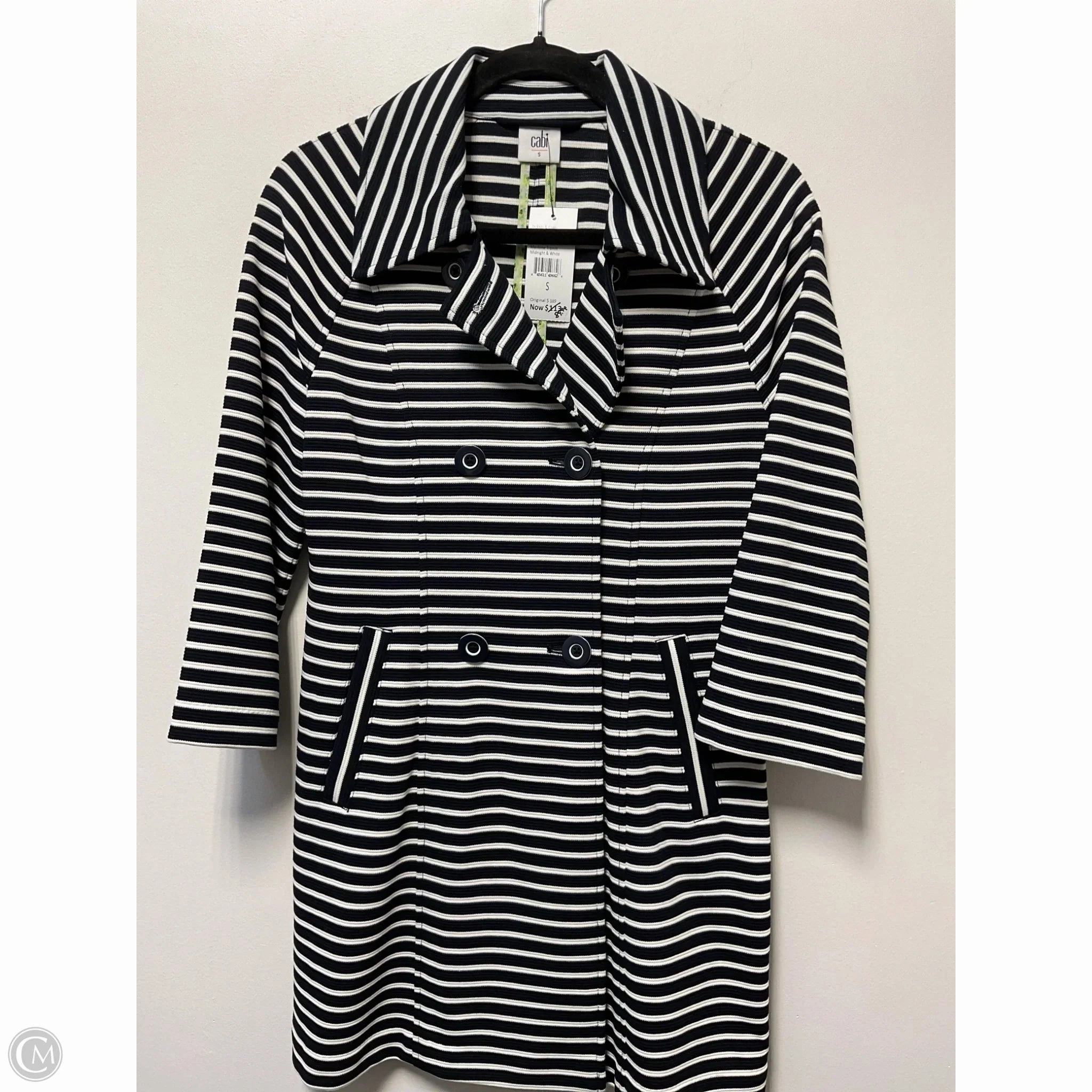 Compact Packable Durable Color Retention Coat Trench Coat By Cabi In Blue & White, Size: S