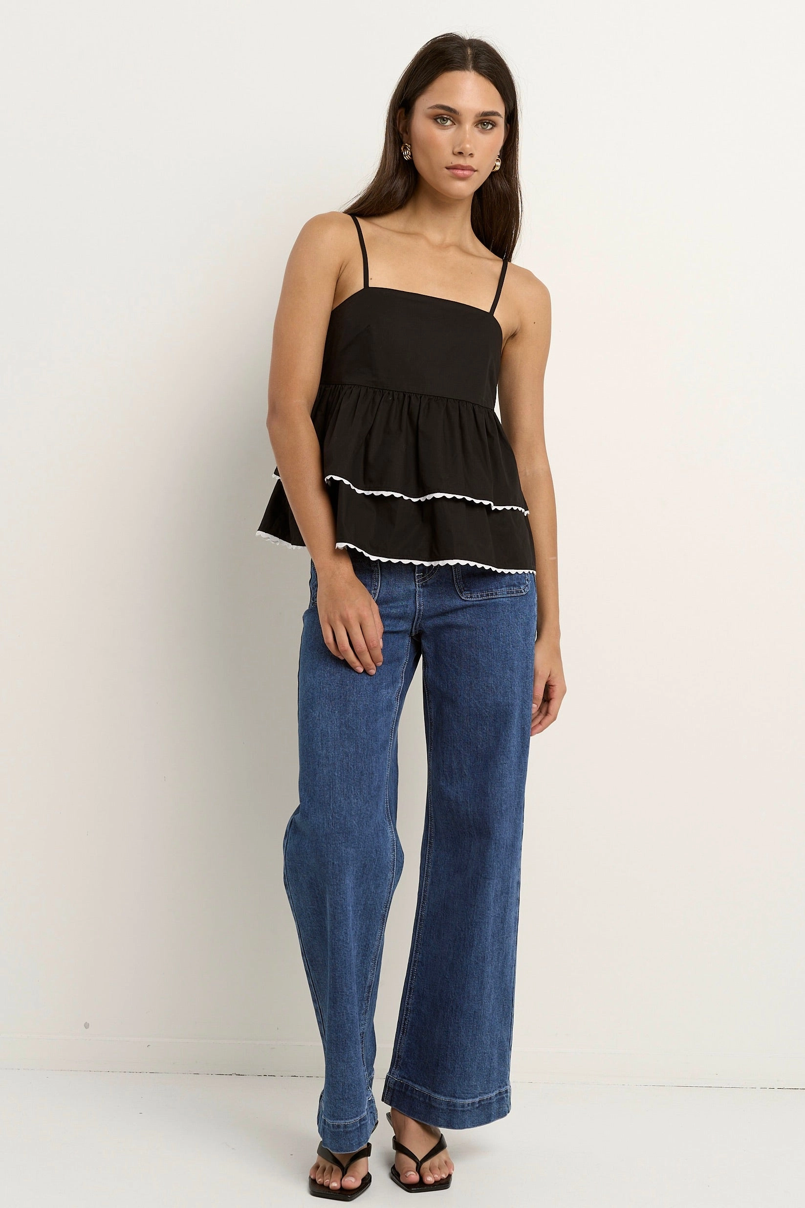 Admire Black White Trim Strappy Babydoll Cami DoubleLayered Collar