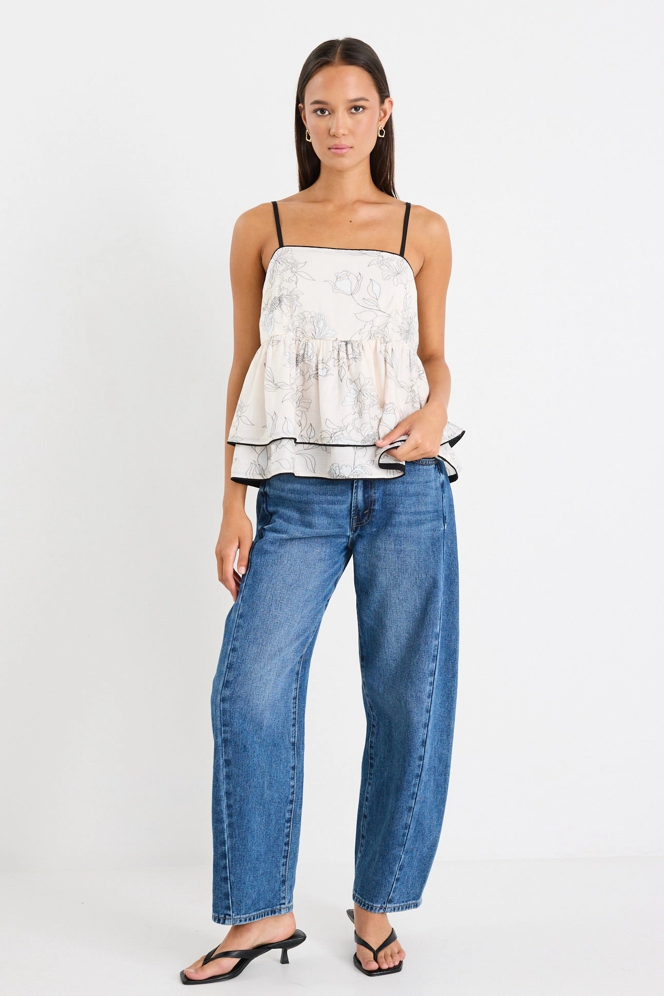 MicrofiberTech Admire Ivory Sketch Floral Strappy Babydoll Cami