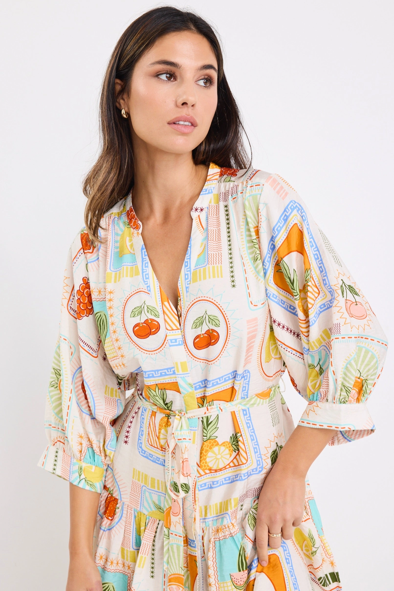 Art-Gallery Adoration Cream Tropical Postcard Short Sleeve Button Front Mini Dress