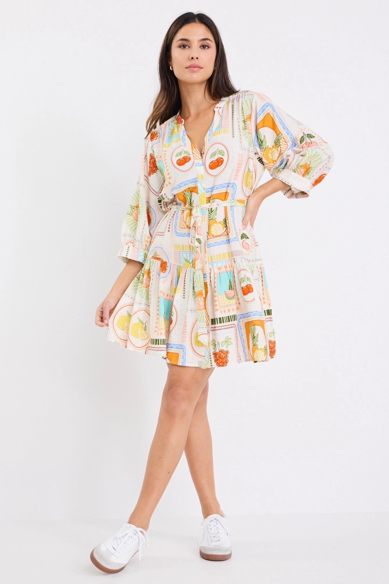 Adoration Cream Tropical Postcard Short Sleeve Button Front Mini Dress Softly Structured