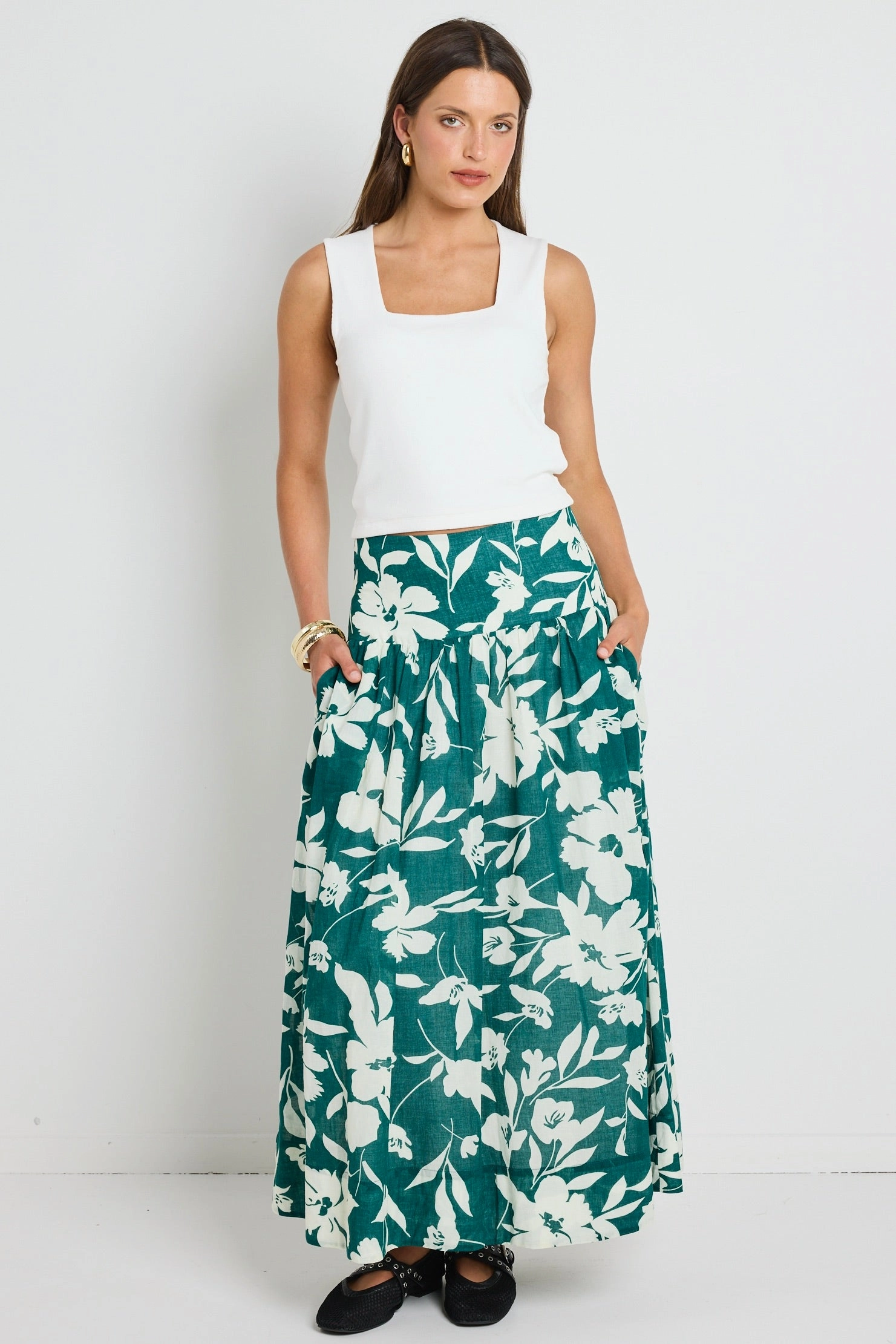 Affinity Forest Floral Shirred Back Tiered Maxi Skirt Layer Combo