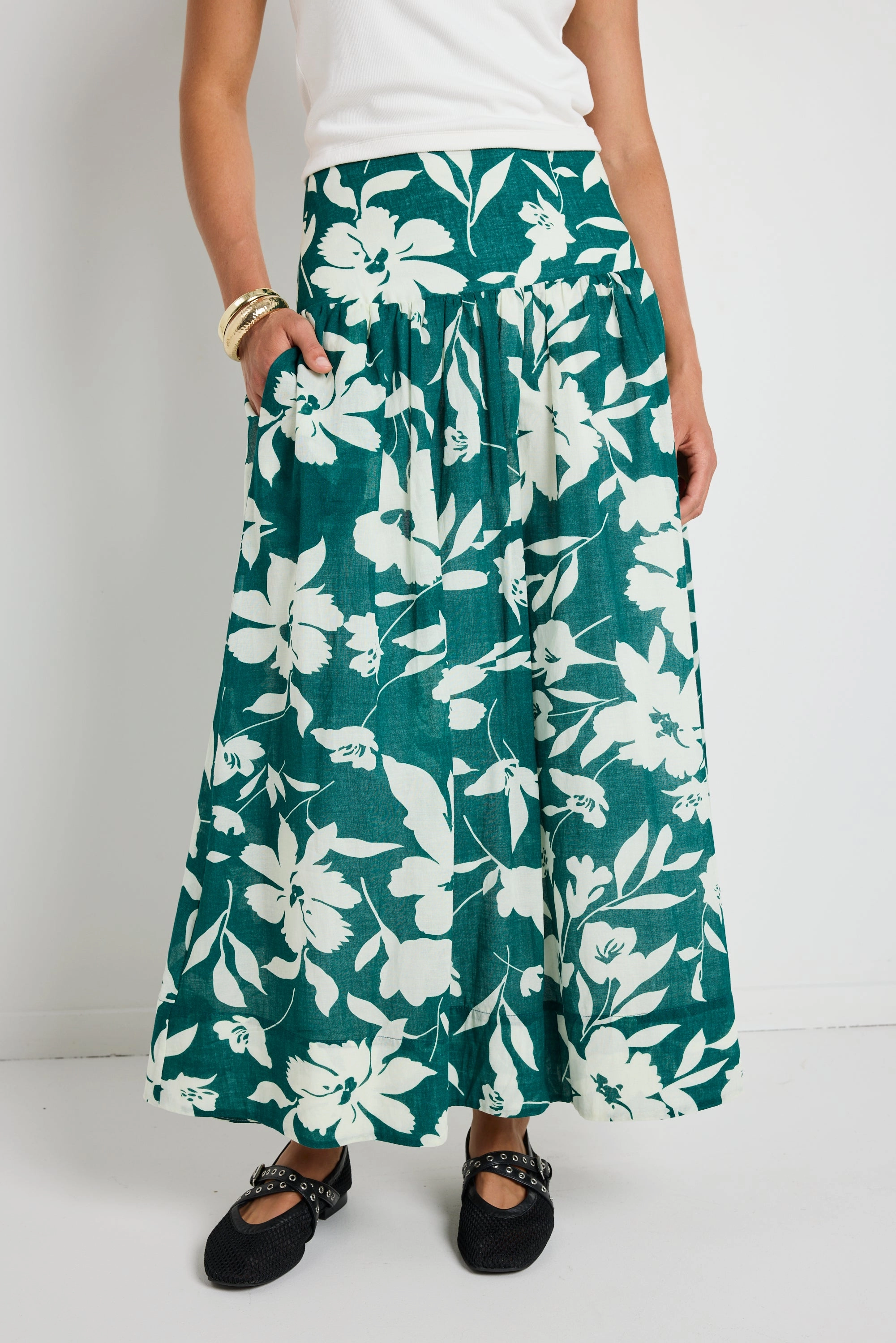 Affinity Forest Floral Shirred Back Tiered Maxi Skirt light colors High Waist