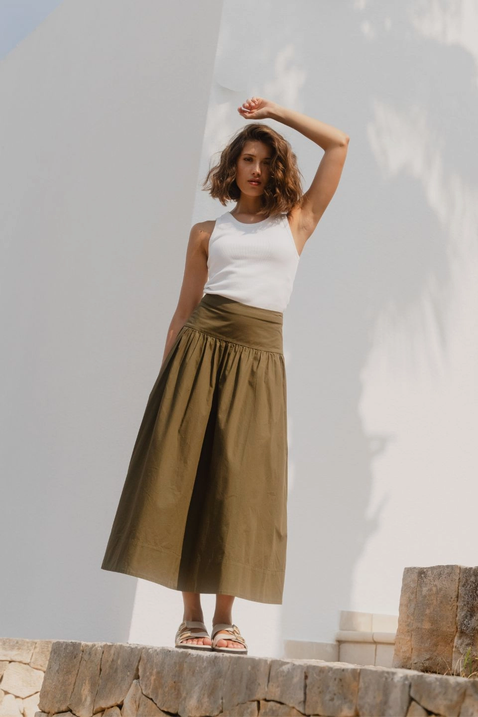 A Line Cut Affinity Khaki Cotton Shirred Back Tiered Maxi Skirt