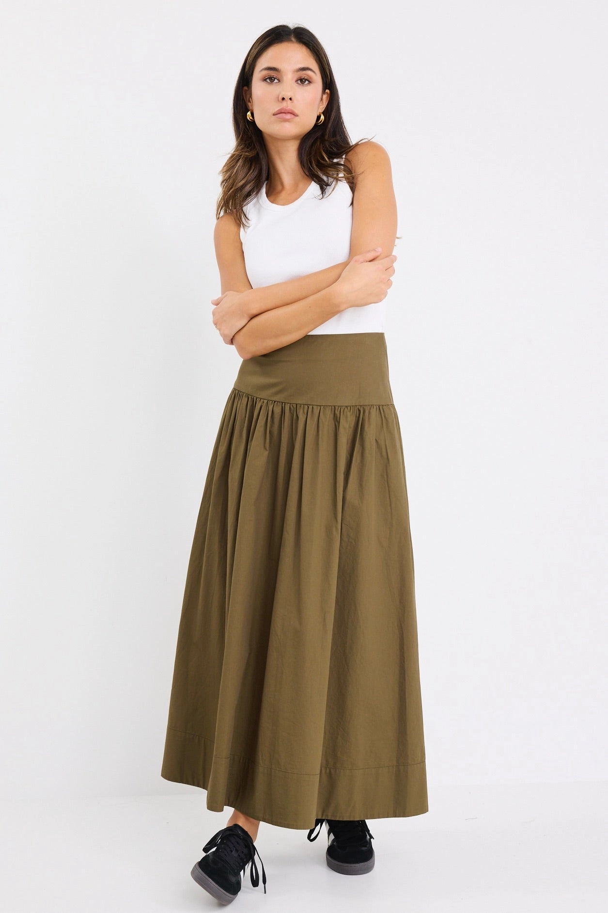 Affinity Khaki Cotton Shirred Back Tiered Maxi Skirt Weekend Outfit