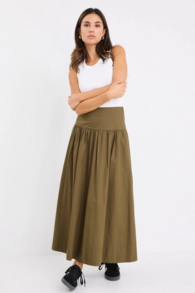 Affinity Khaki Cotton Shirred Back Tiered Maxi Skirt Weekend Outfit