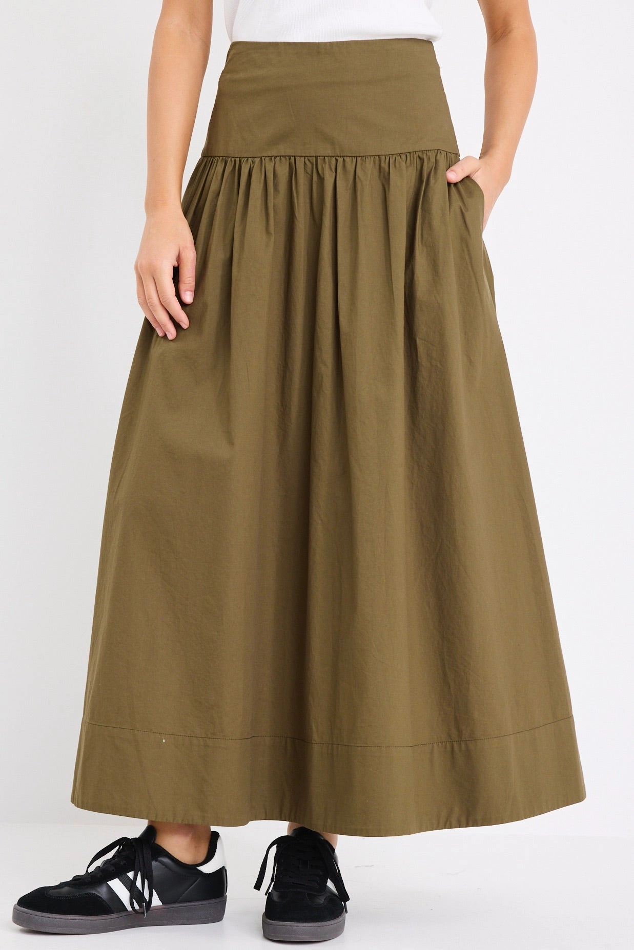 Affinity Khaki Cotton Shirred Back Tiered Maxi Skirt Dust Proof Fabric