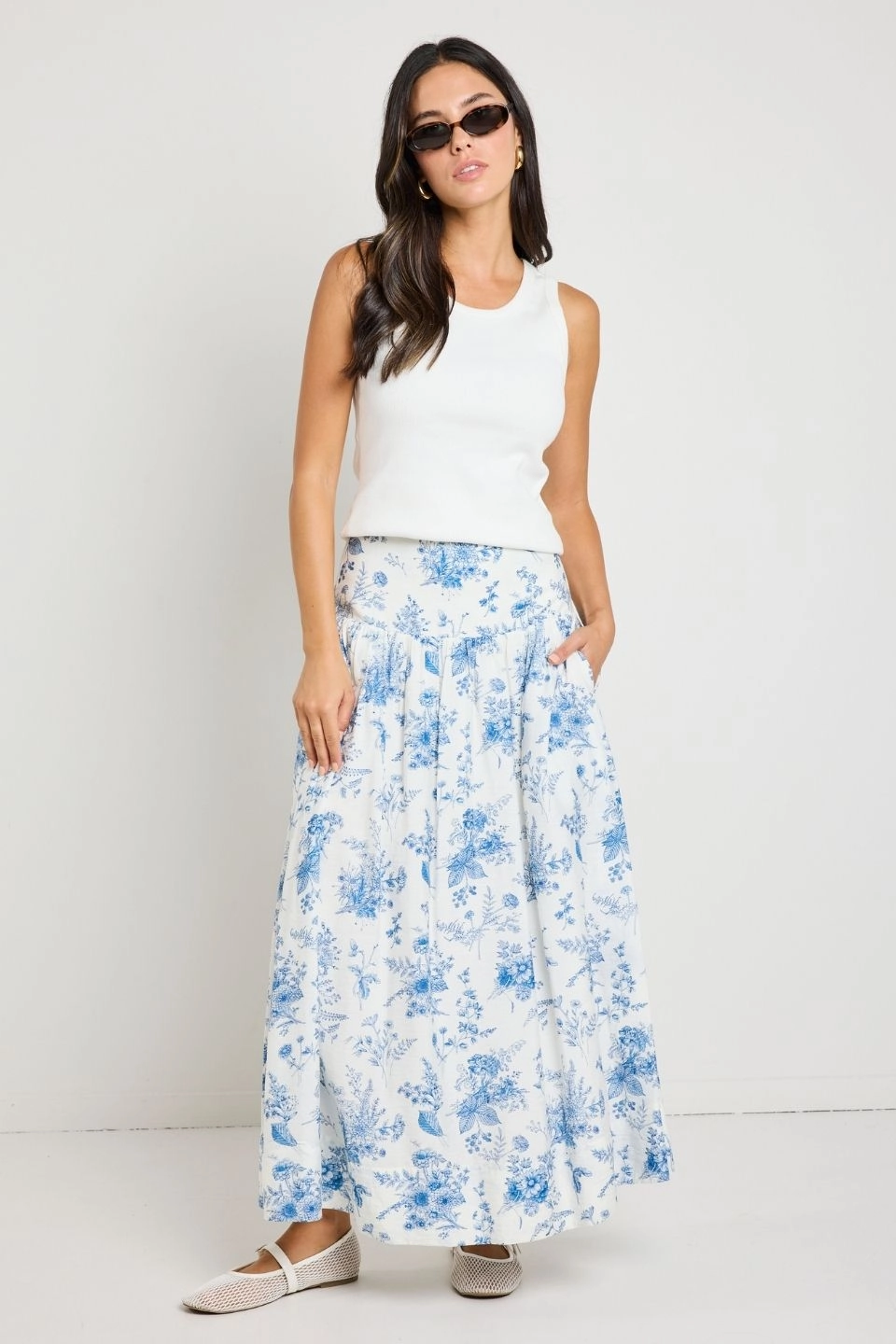 Affinity Porcelain Print Shirred Back Tiered Maxi Skirt perforated design
