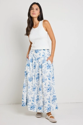 Light Flow birthday party Affinity Porcelain Print Shirred Back Tiered Maxi Skirt