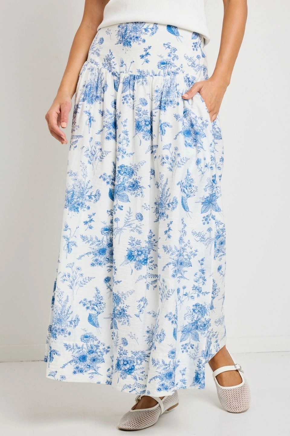 Classic Comfort Affinity Porcelain Print Shirred Back Tiered Maxi Skirt