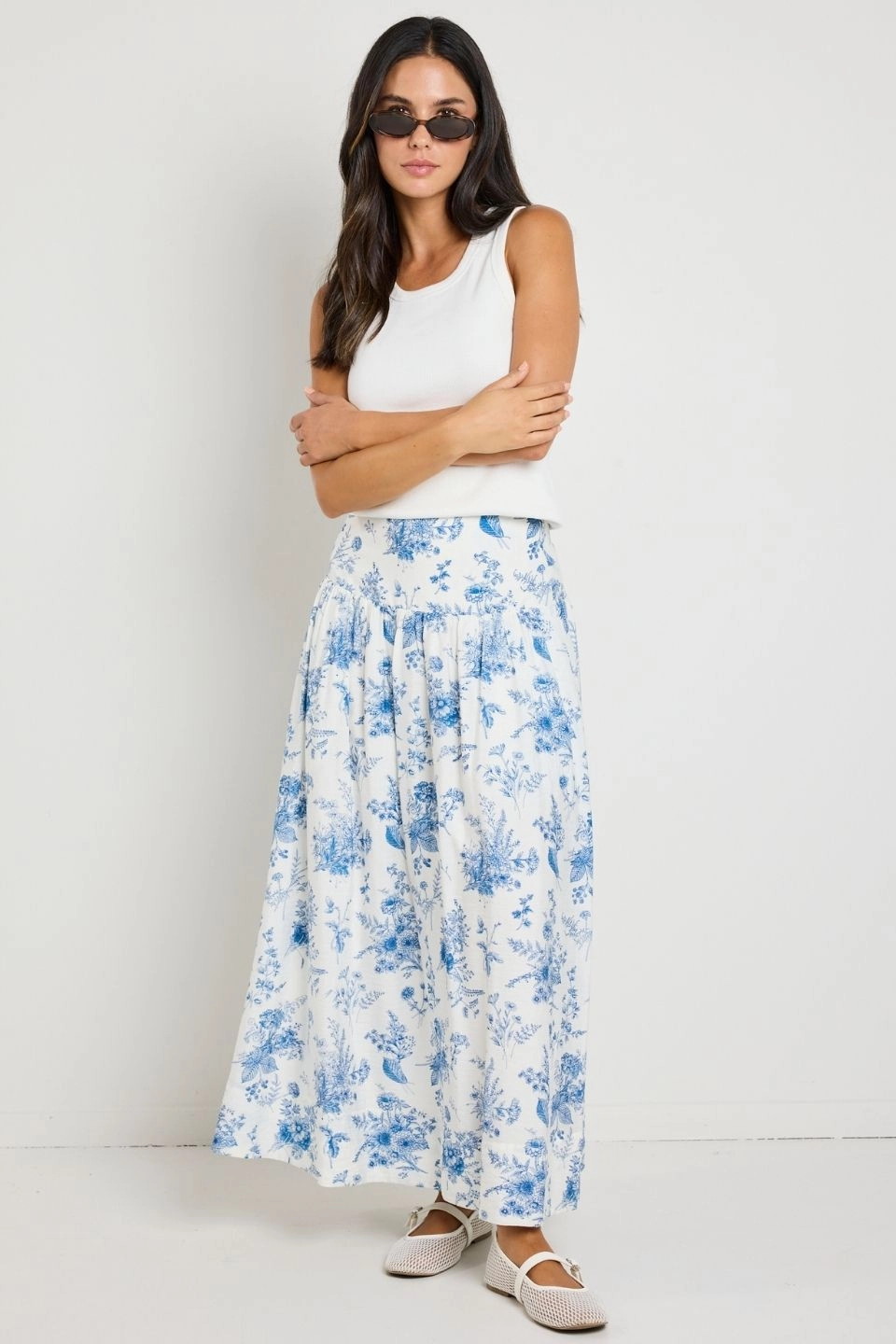 Affinity Porcelain Print Shirred Back Tiered Maxi Skirt Everyday Favorite