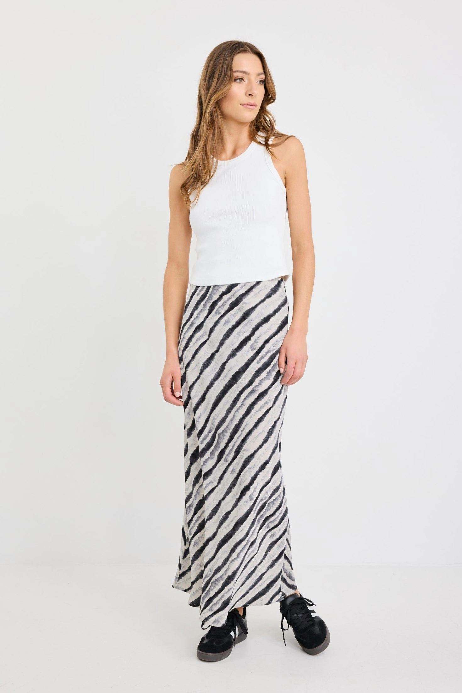 Faithful Charcoal Irregular Stripe Satin Bias Midi Skirt Simple Layers