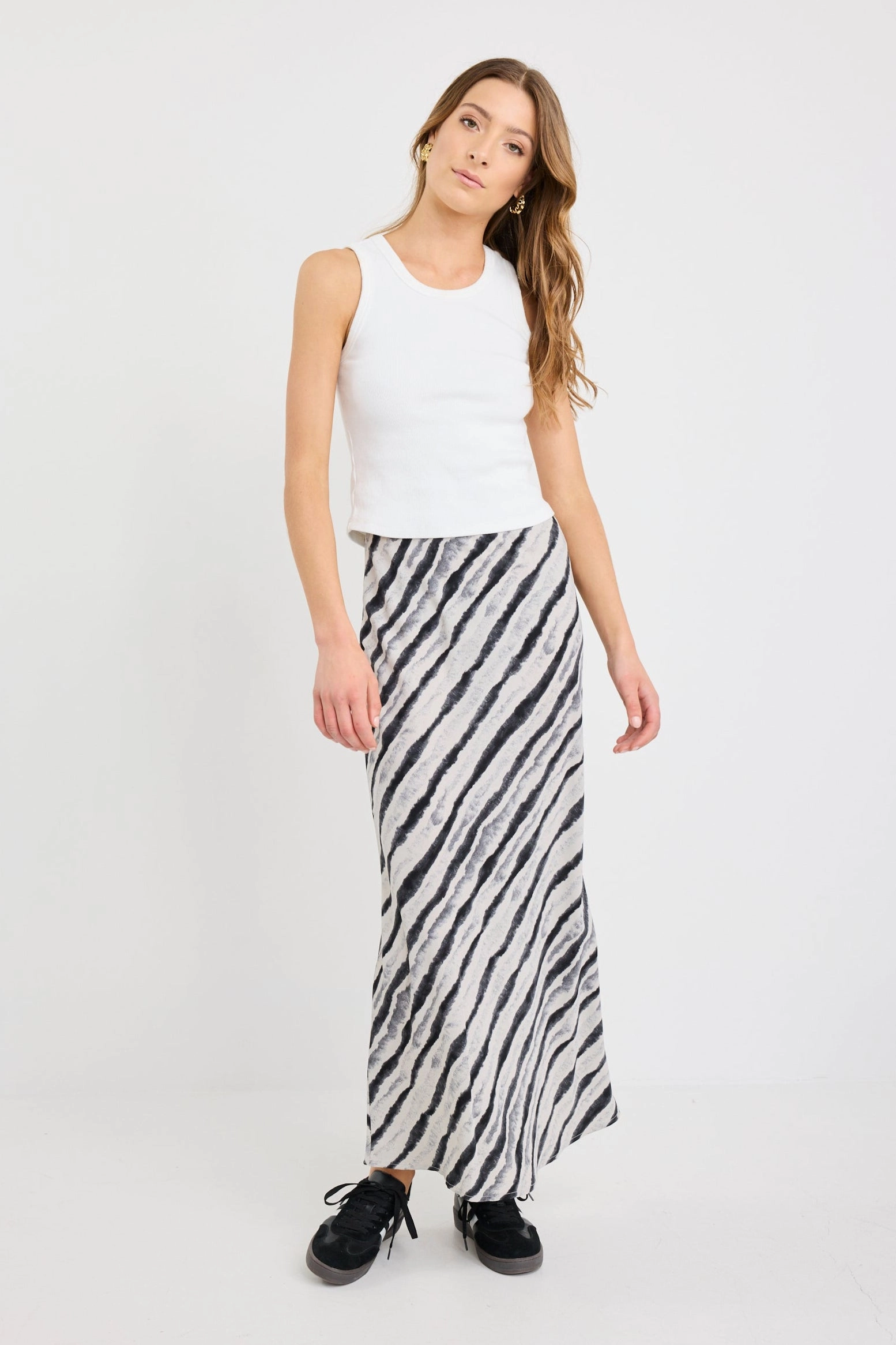 Faithful Charcoal Irregular Stripe Satin Bias Midi Skirt Minimal Vibes Asymmetrical Cut