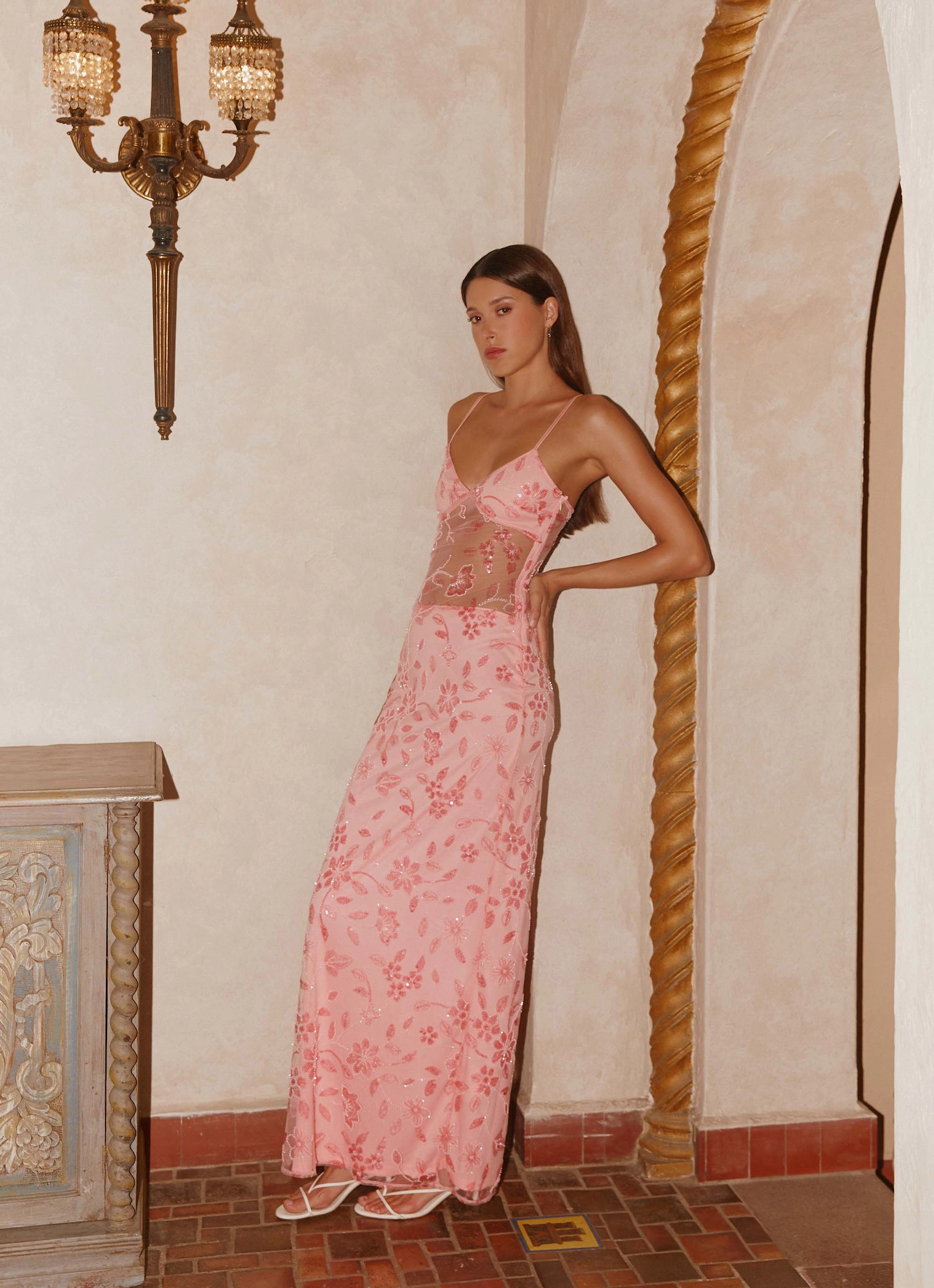 Elegant Motion Curve Friendly Akira Beaded Maxi Dress - Pink Orange