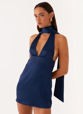 Basic Mood Knit Warm Alicia Satin Halter Mini Dress - Navy