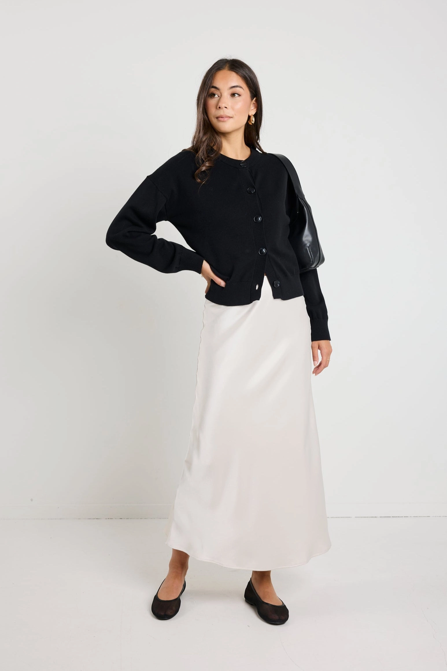 Relaxed Mood Rosette Pearl Satin Bias Midi Skirt