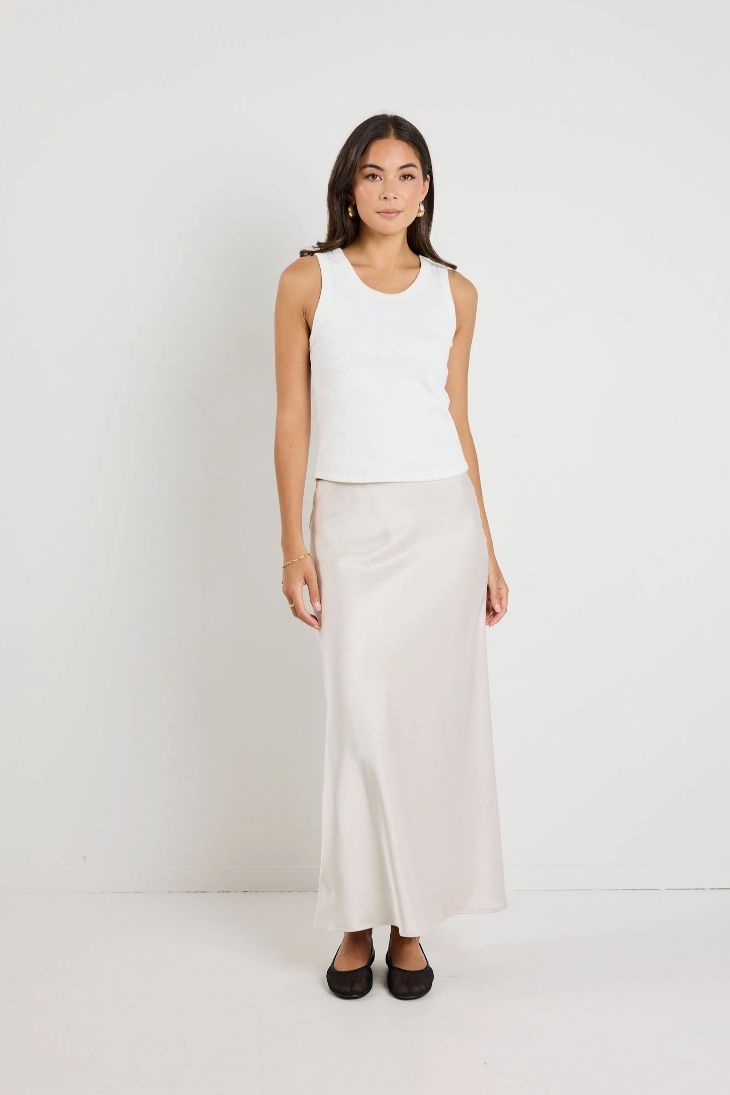Rosette Pearl Satin Bias Midi Skirt Elegant Texture