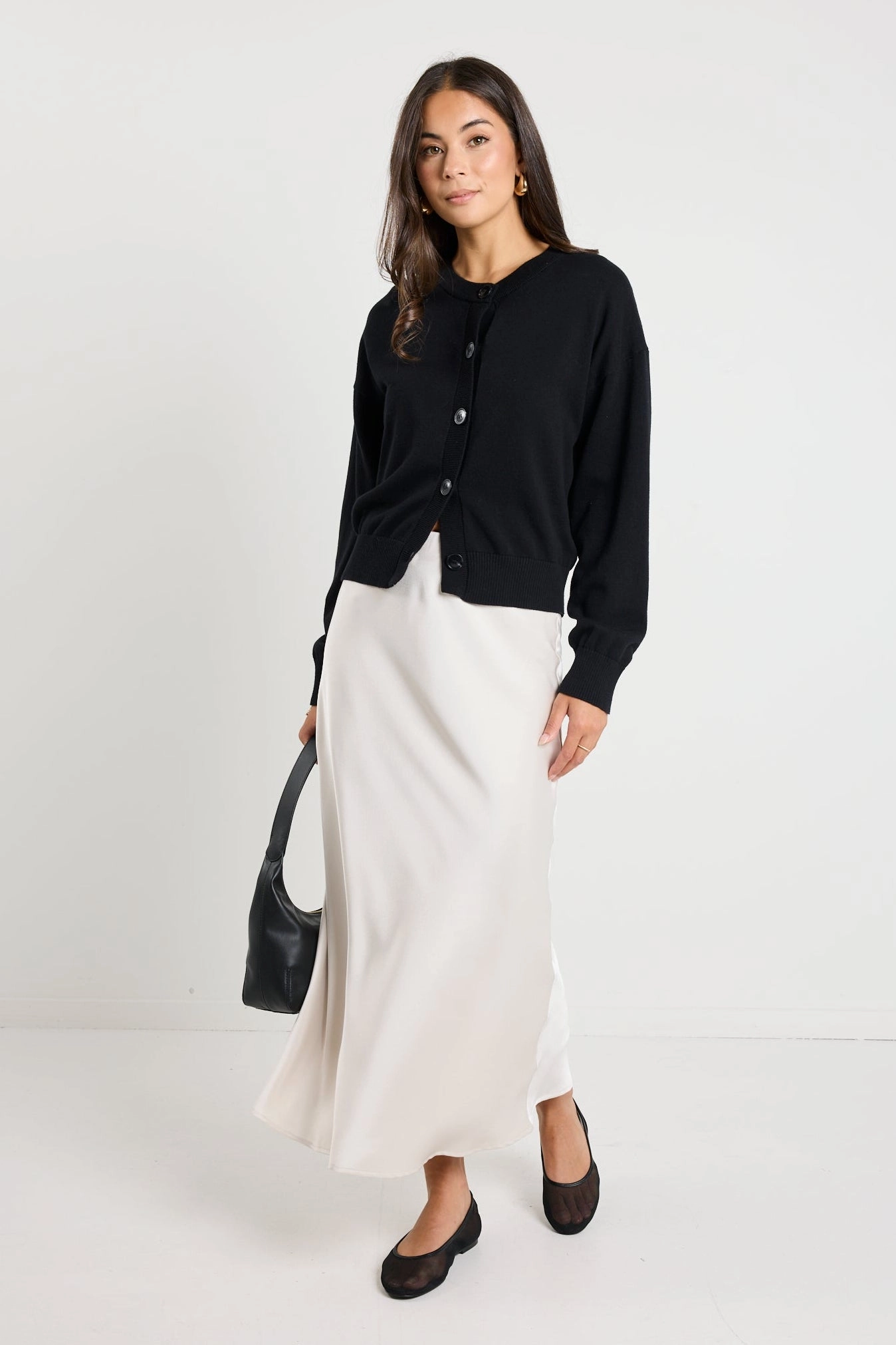 Subtle Look Rosette Pearl Satin Bias Midi Skirt
