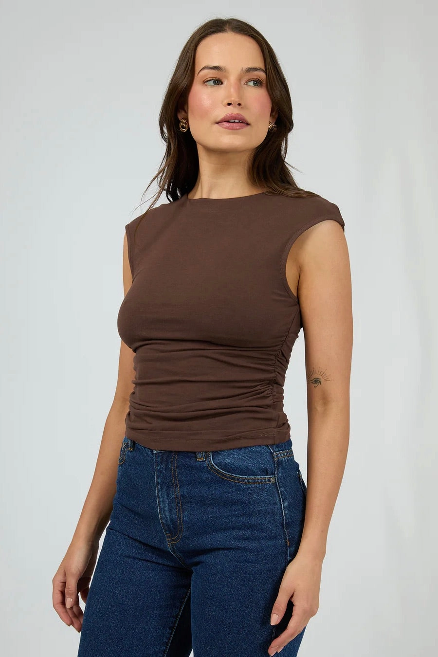 Hidden Storage Pockets PlacketDetail Evie Chocolate Ruched SS Top