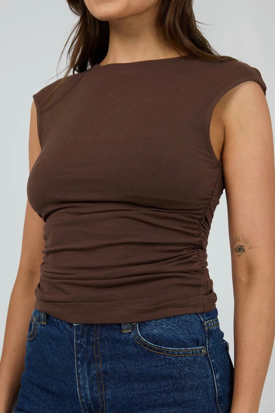 Basic Tank Evie Chocolate Ruched SS Top