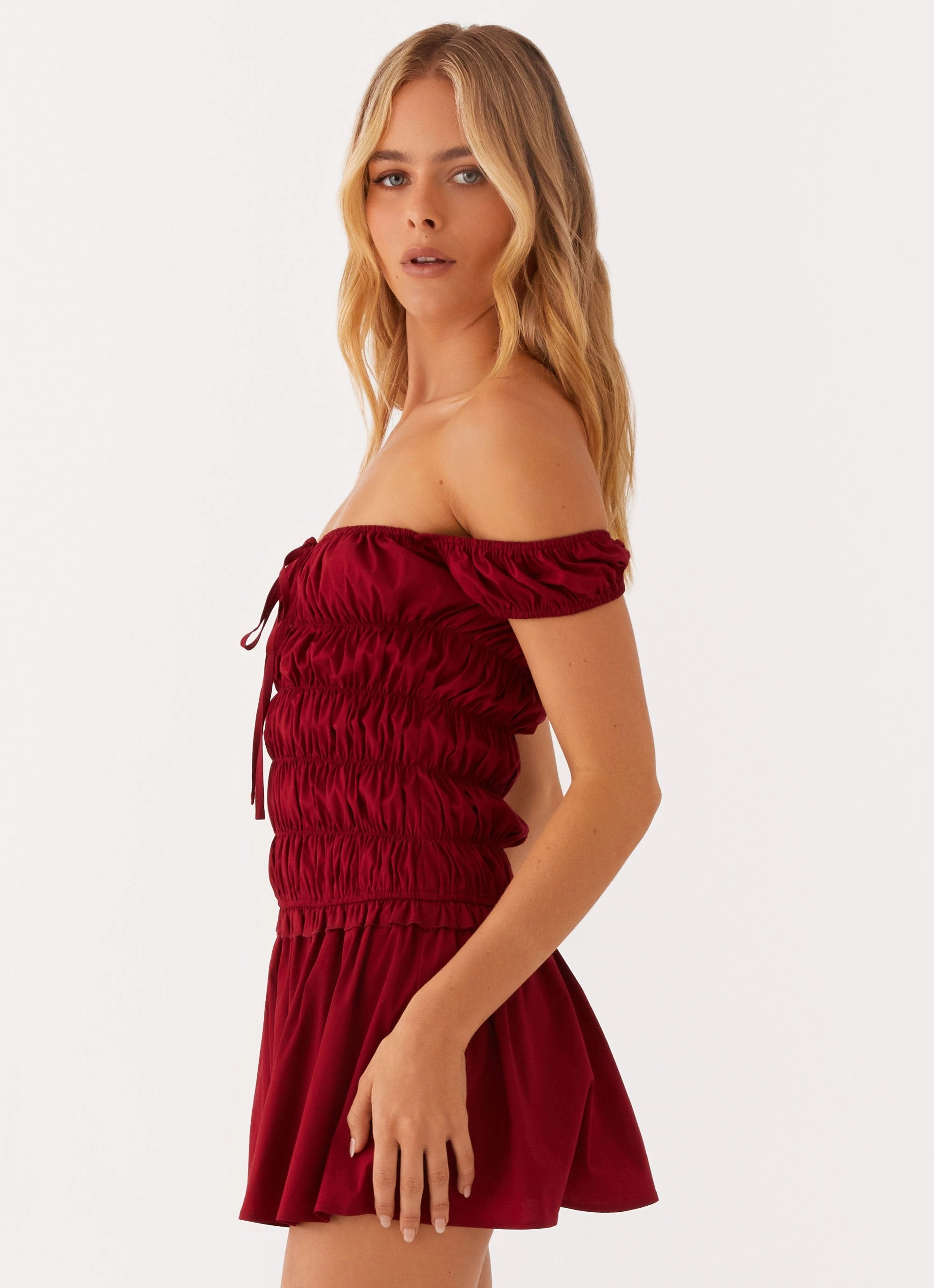 City Mood Countryside Off Shoulder Mini Dress - Deep Red