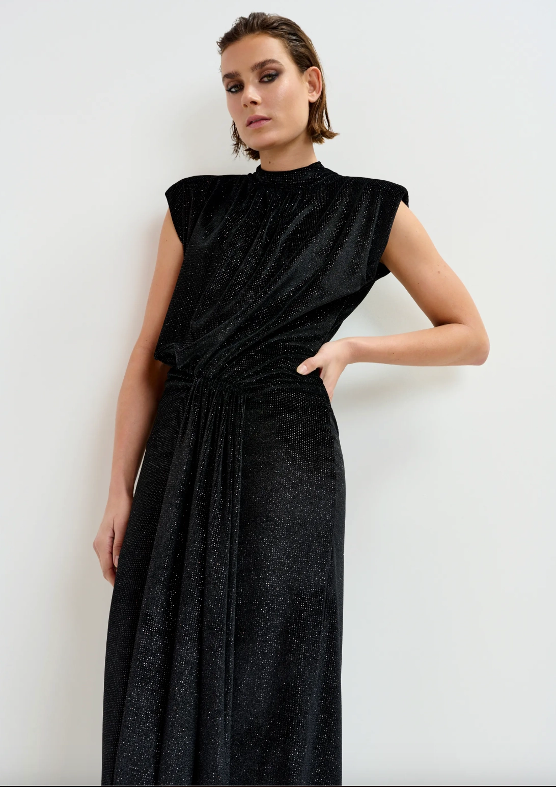 Essentiel Antwerp Inche Velvet Jersey Dress in Black Collar Accent