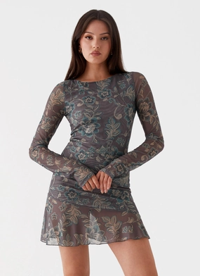 Button-Cuff Mood Focused Ines Long Sleeve Mini Dress - Brown Floral