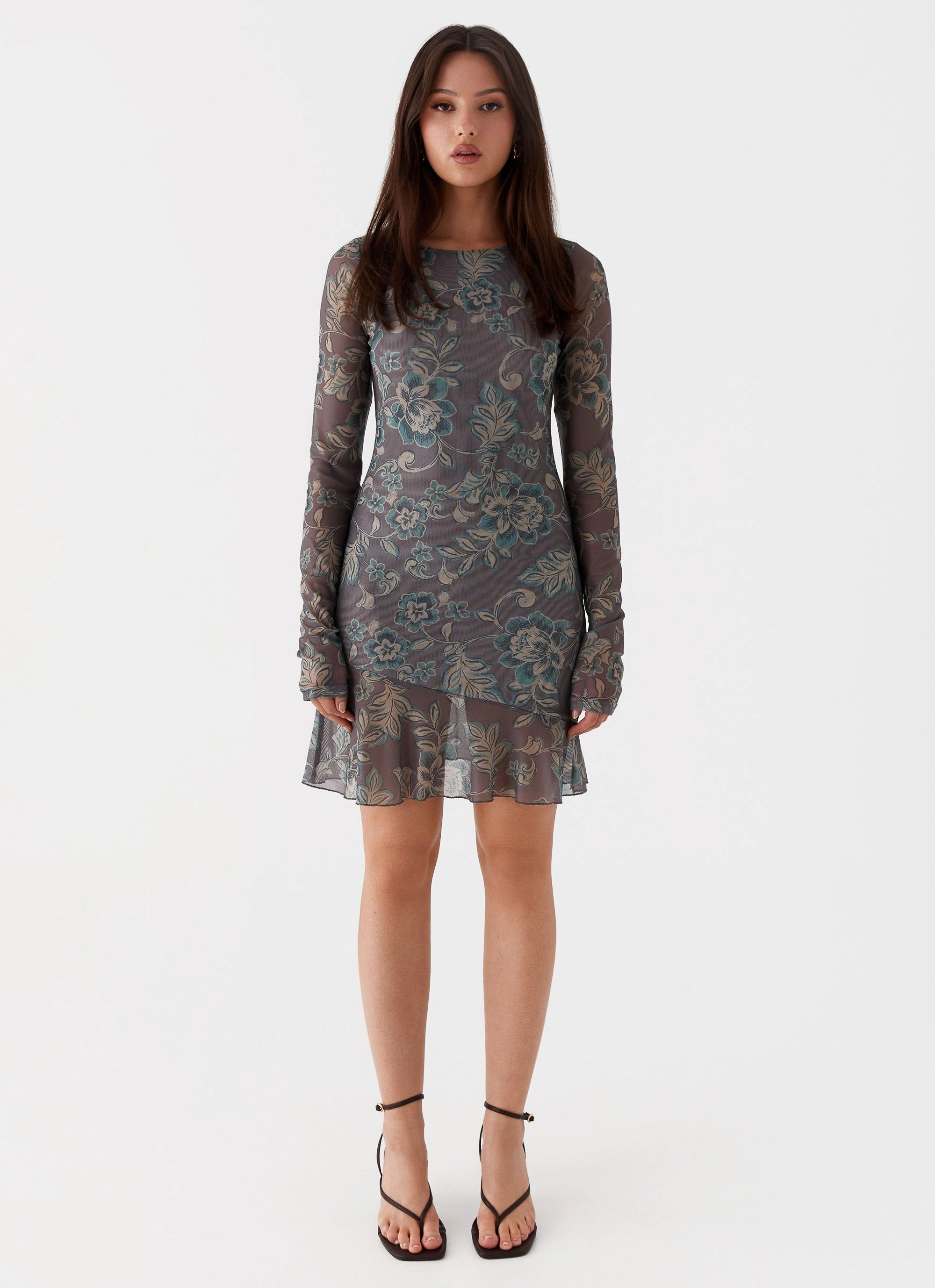 NonSlipClosure Ines Long Sleeve Mini Dress - Brown Floral
