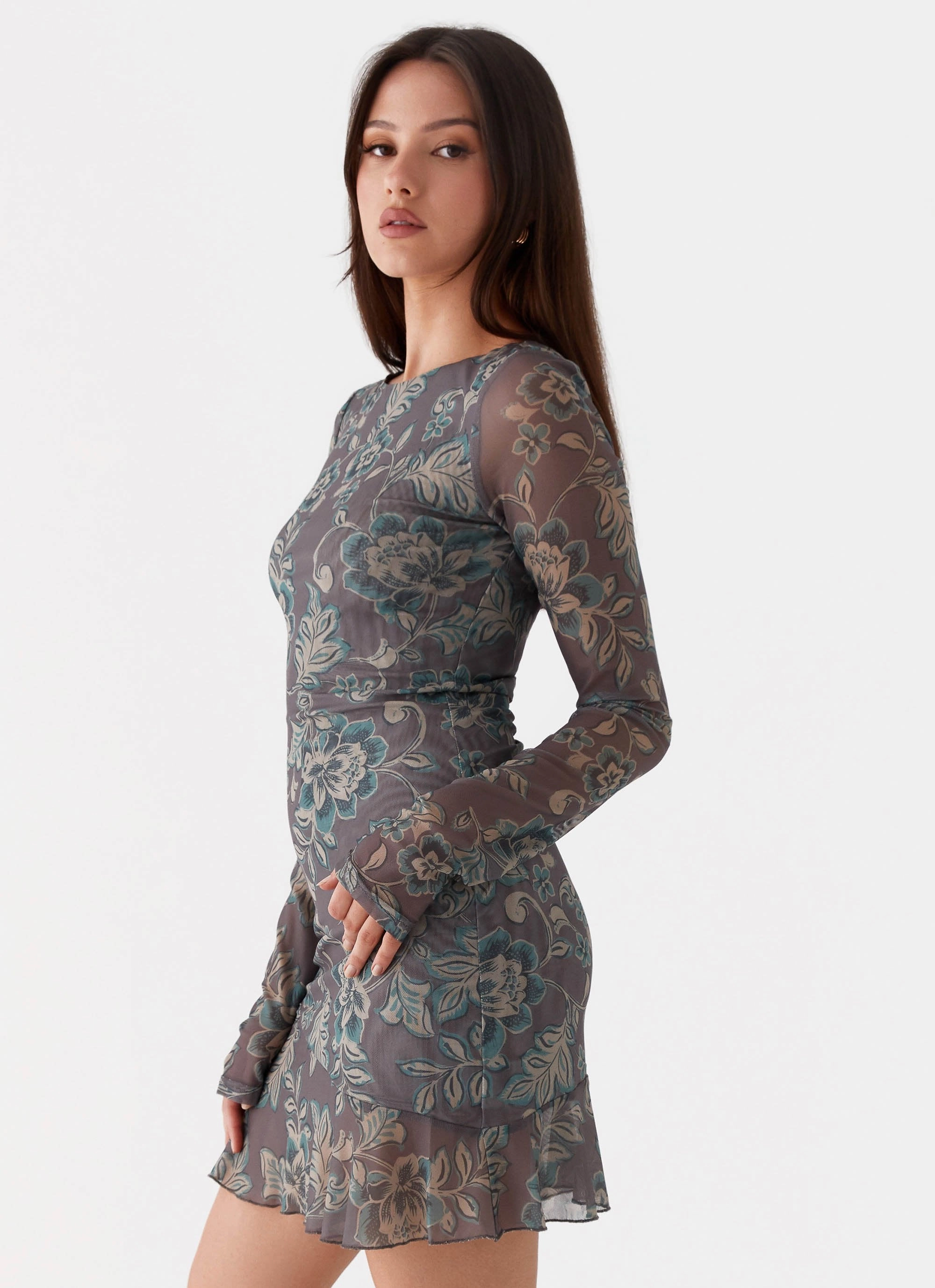 A-Line BreathableLining Ines Long Sleeve Mini Dress - Brown Floral