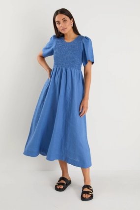 Wren Cornflower Blue Linen SS Shirred Bodice Midi Dress Clean Drape High-waist