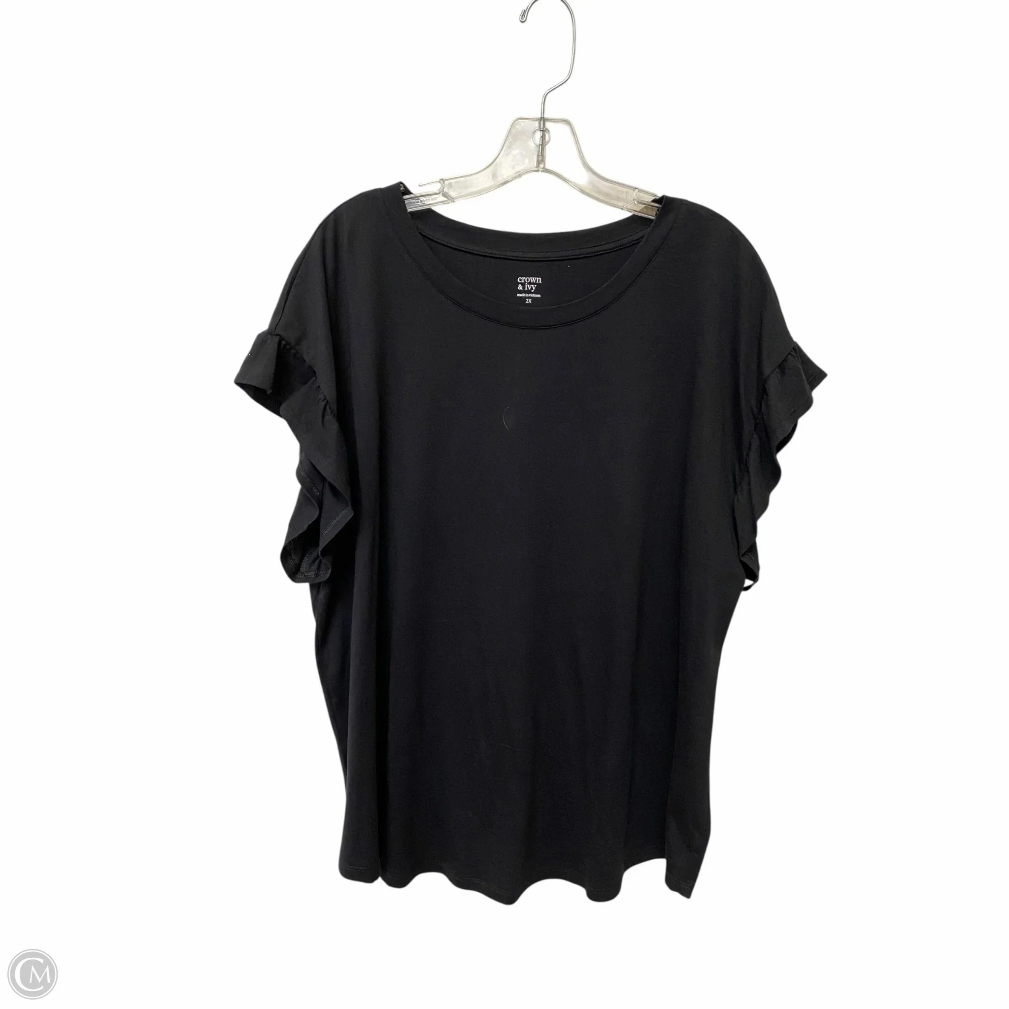 Top Short Sleeve Basic By Crown And Ivy In Black, Size: 2x Embroidered Details Heathered Texture