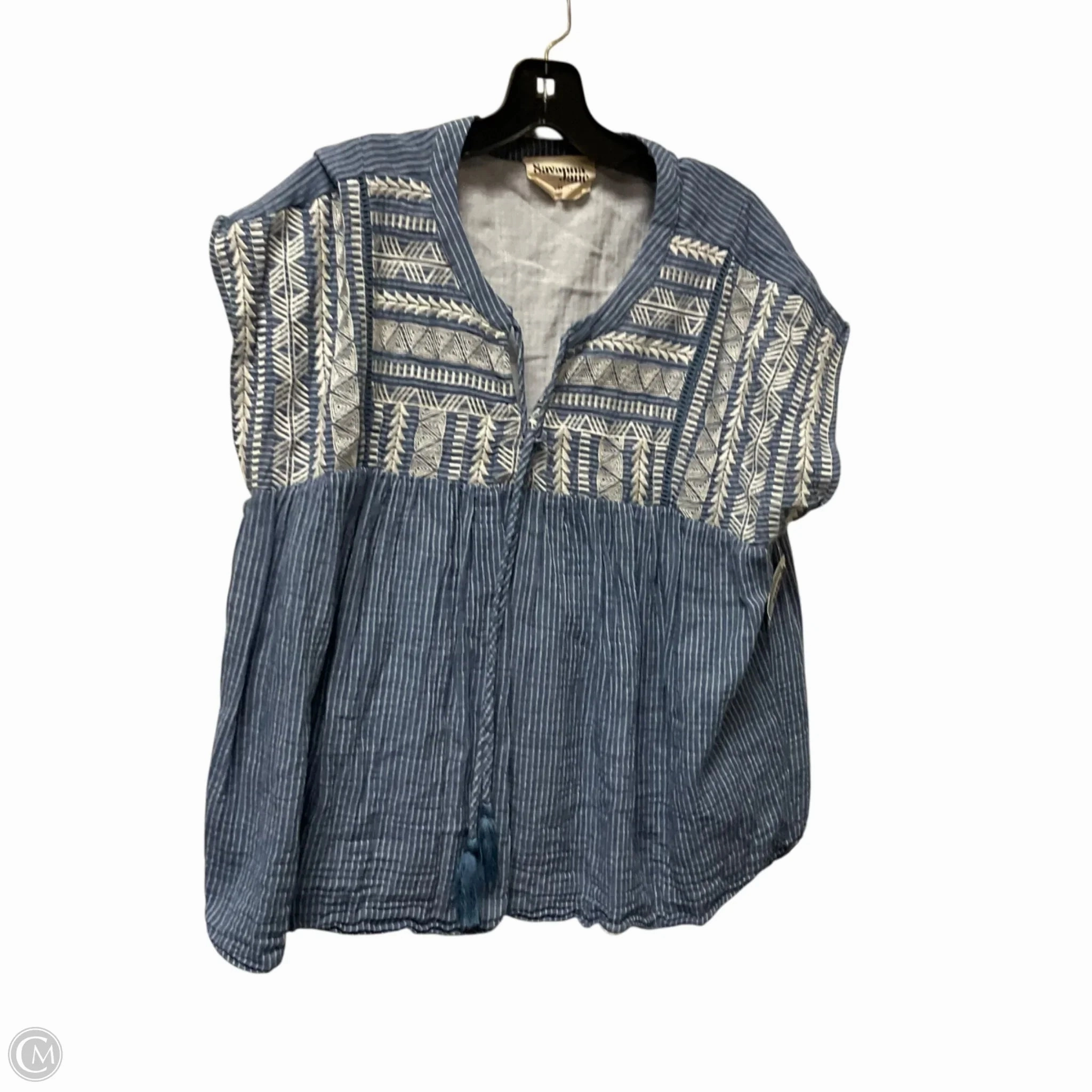 Top Short Sleeve By Savanna Jane In Blue & White, Size: 1x MultiPly Fabric Relaxed Comfort Wear