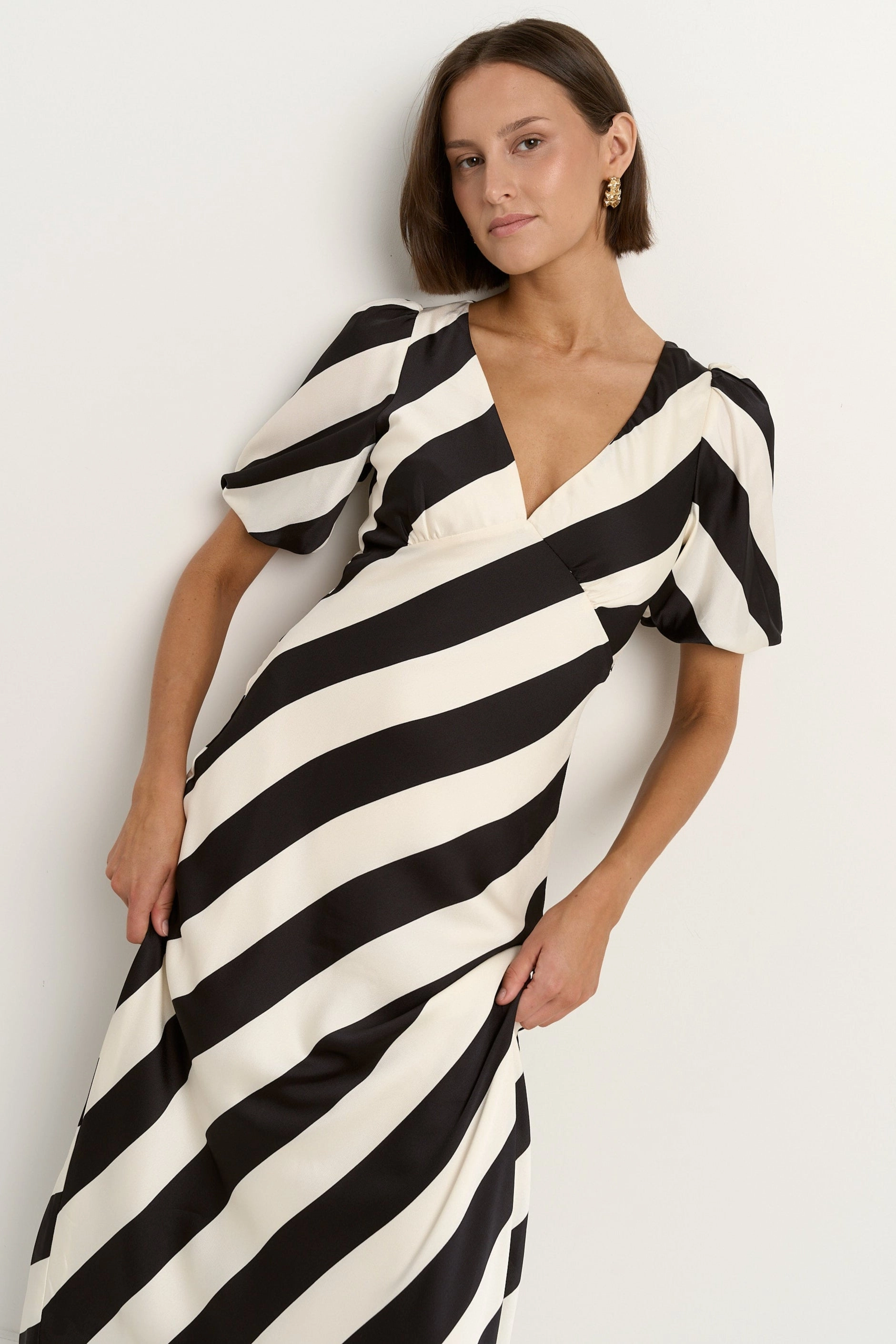 Amora Black White Stripe SS Bias Midi Dress retro-style