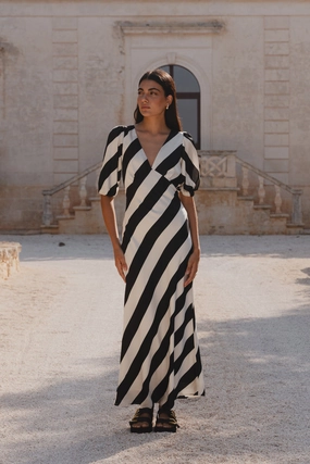 Amora Black White Stripe SS Bias Midi Dress Classic Vibe Neutral Layer