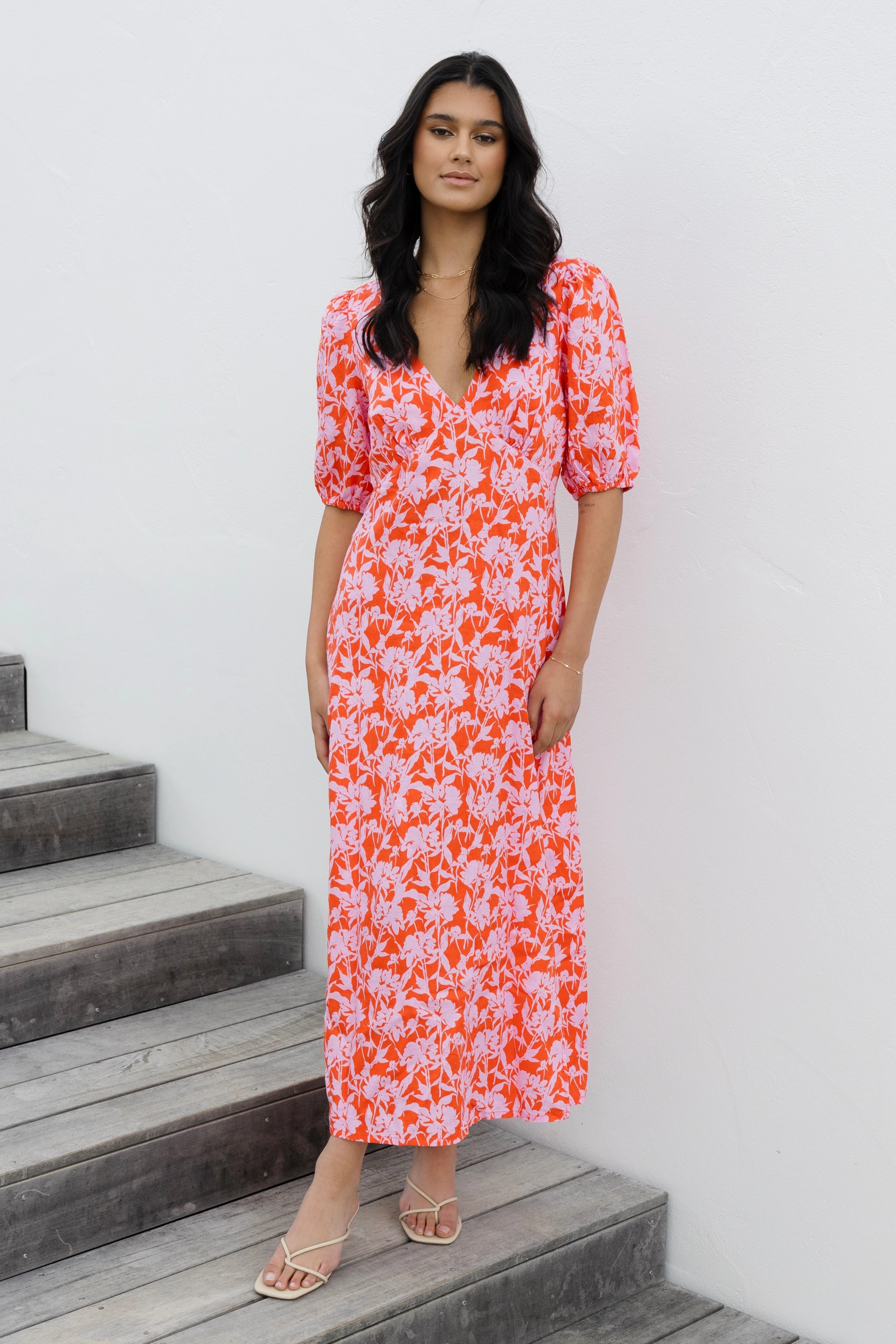 Amora Pink Floral Shadows SS Bias Midi Dress Flattering Wearable