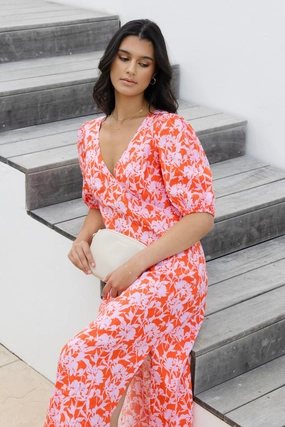 Edge Shape Polished Wear Amora Pink Floral Shadows SS Bias Midi Dress