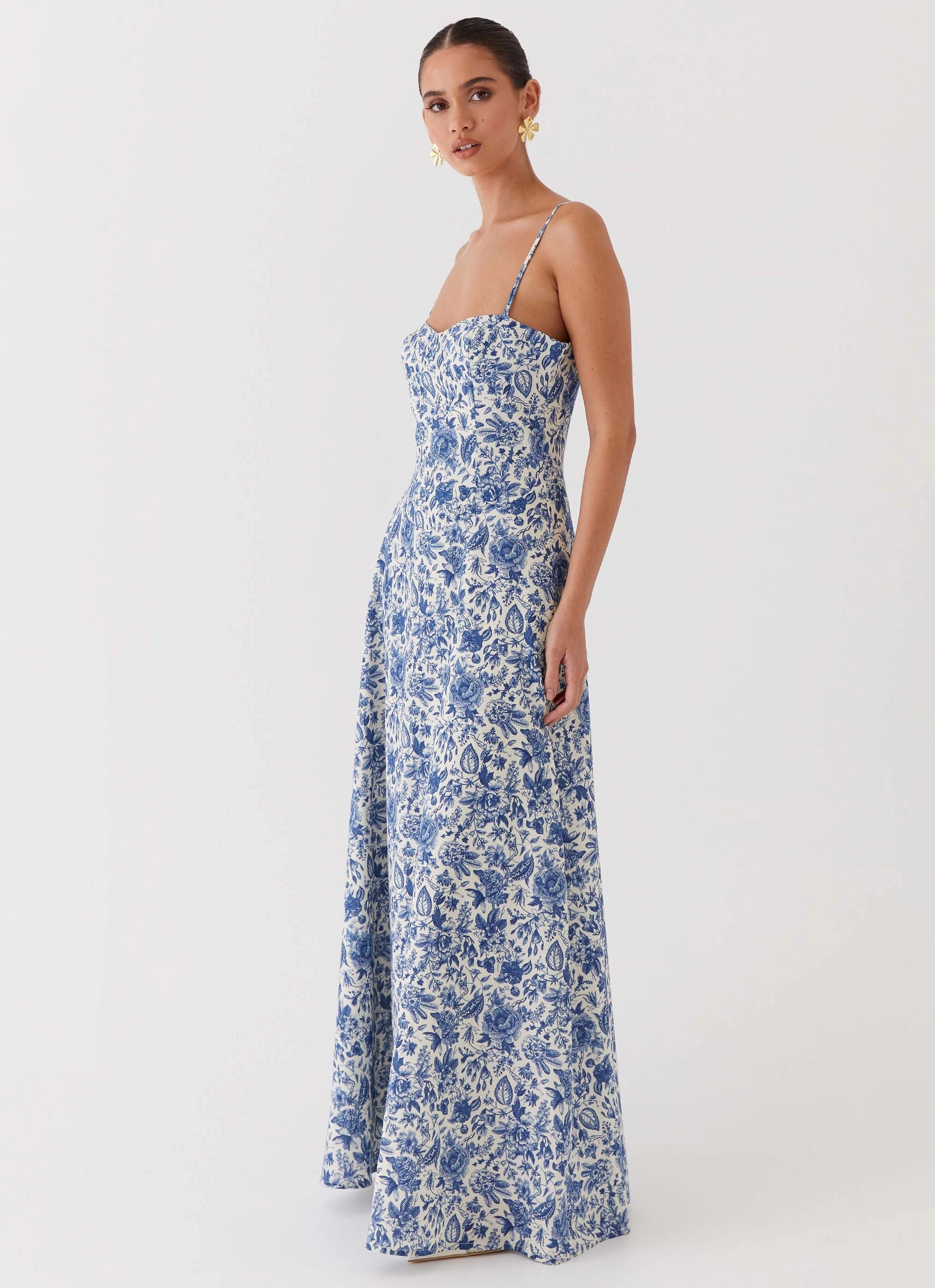Angelina Linen Maxi Dress - Blue Paisley Sophisticated Line