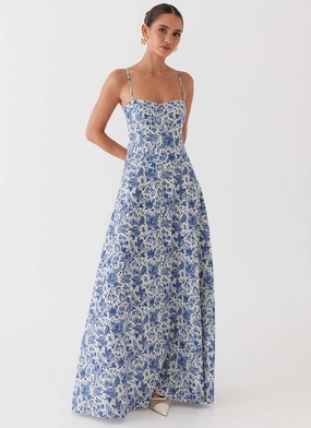 Angelina Linen Maxi Dress - Blue Paisley Smart Tones button detail