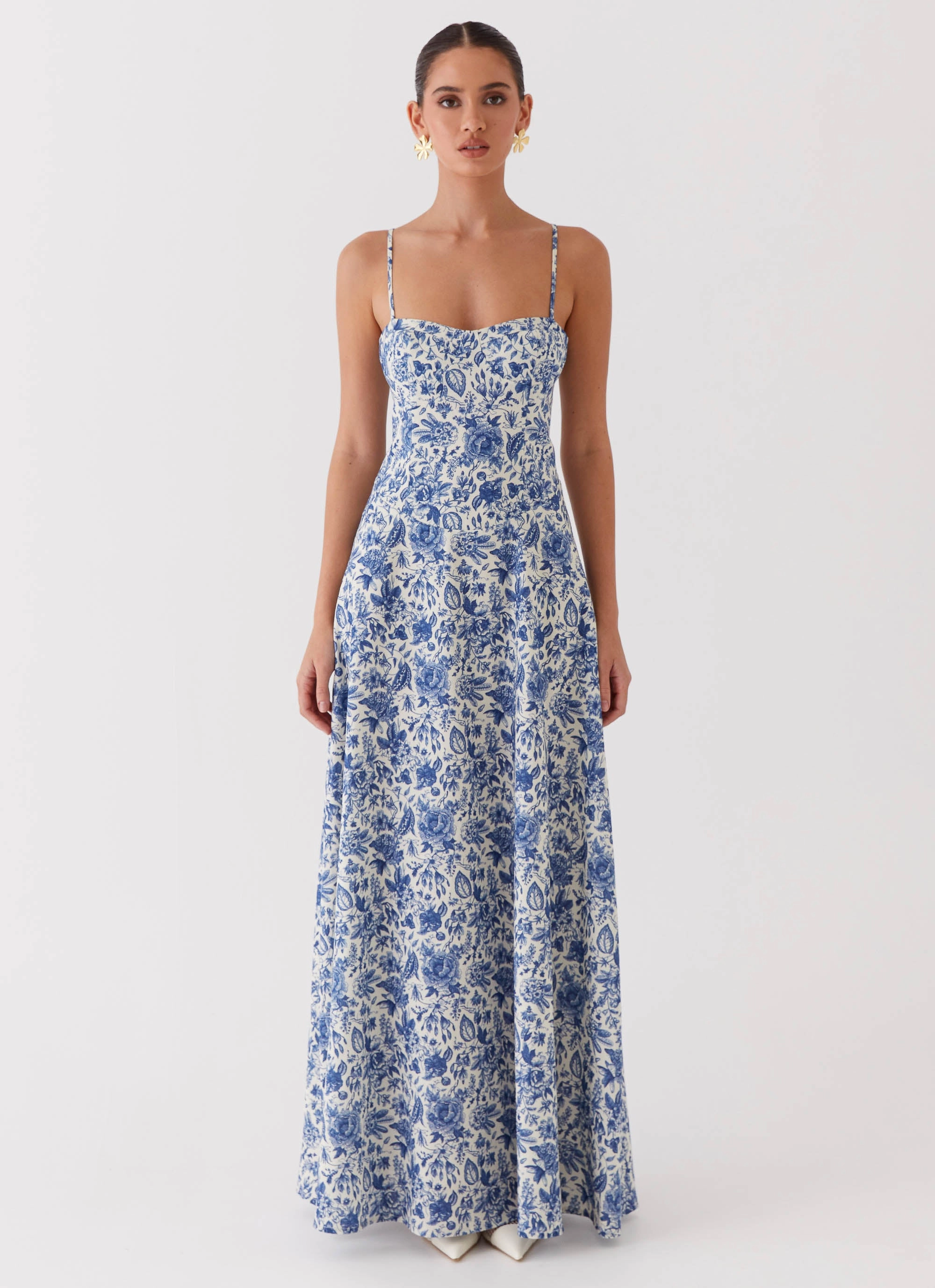Built-In-Slip Flattering Fit Wear Angelina Linen Maxi Dress - Blue Paisley