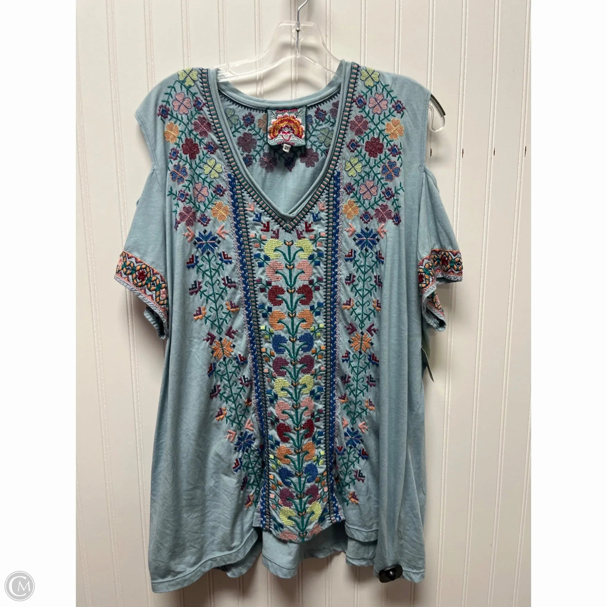 Top Short Sleeve By Johnny Was In Blue, Size: 2x Long Lasting Color Essential Top