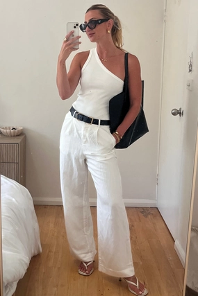 Comfortable Stretch Sporty Design Island Ivory Linen Viscose Pleat Front Wide Leg Pant