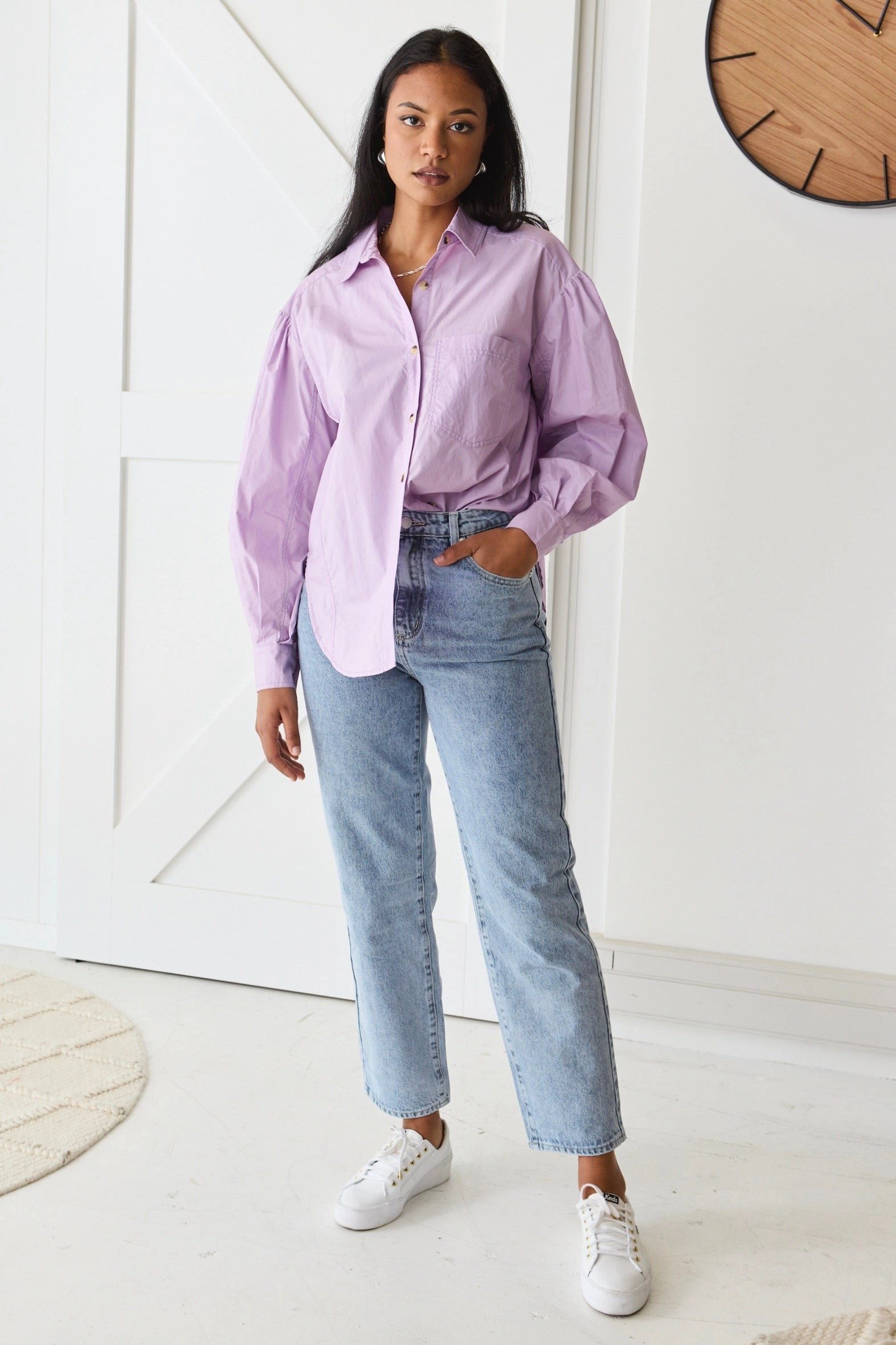 ElasticTrimming Cold Weather Breezy Lilac Poplin Drop Shoulder LS Shirt