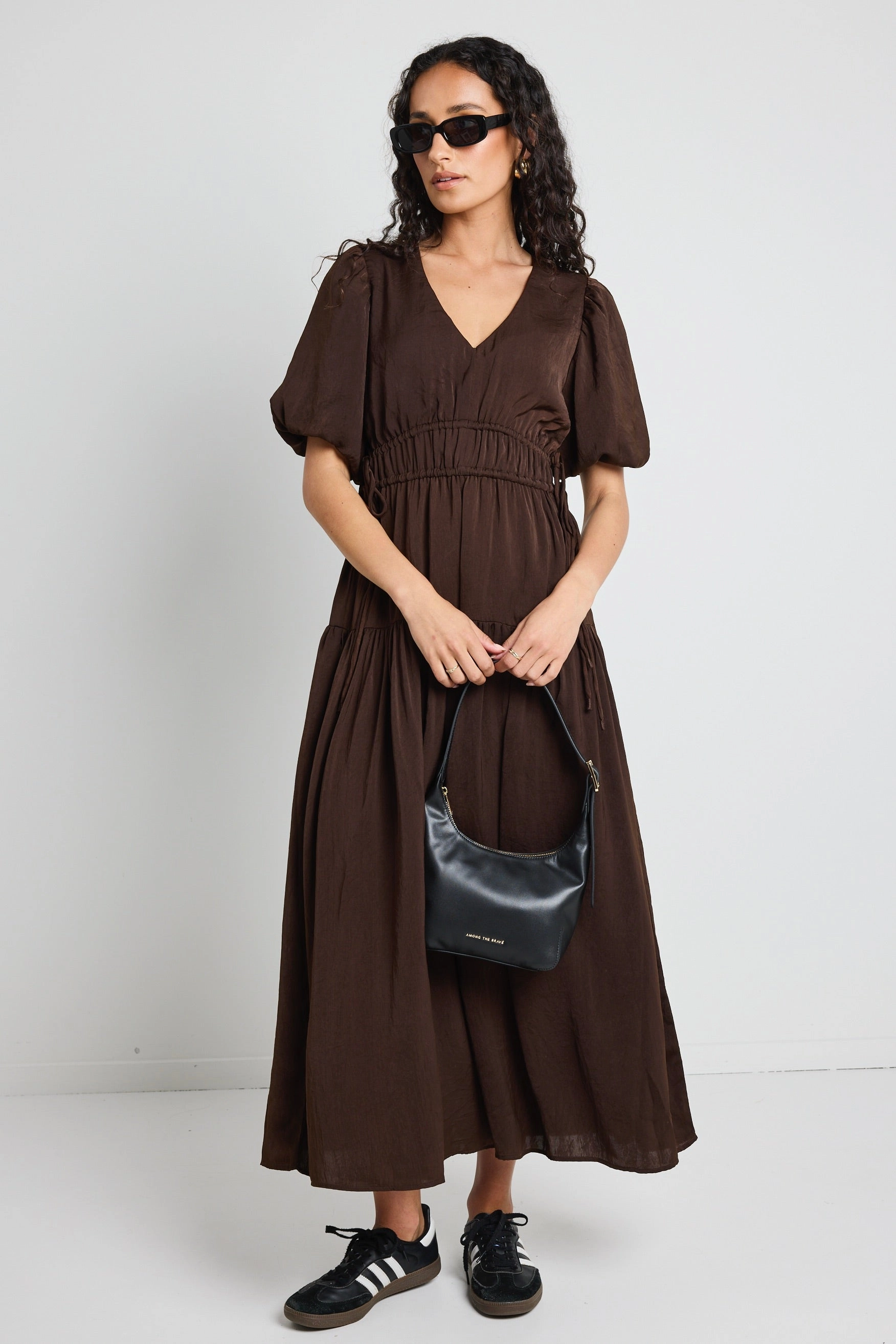 Aphrodite Espresso Hammered Satin SS V Neck Midi Dress Timeless Wear